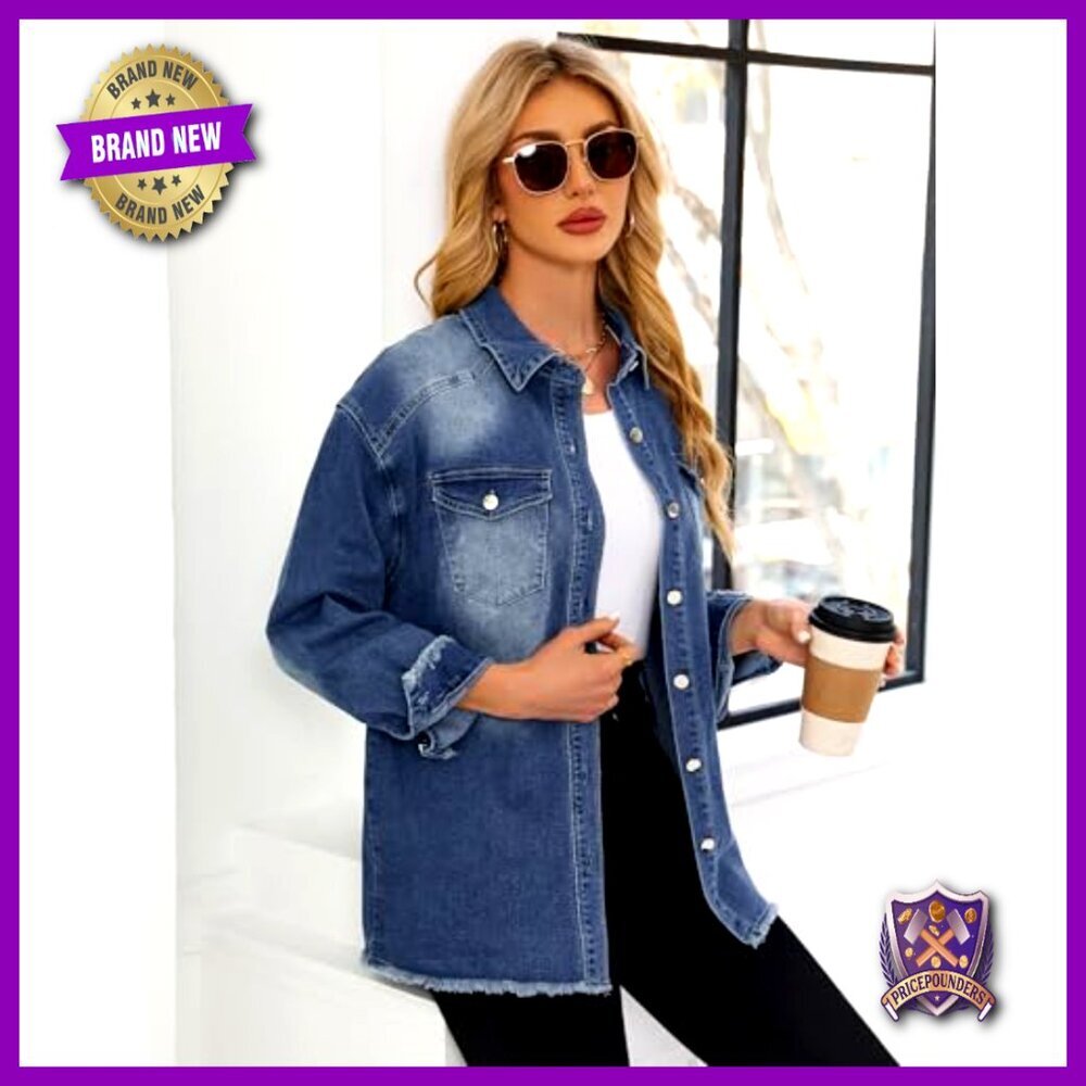Oversized Denim Shacket Button Down Frayed Hem Casual Long Sleeve Jacket - Picture 4 of 7